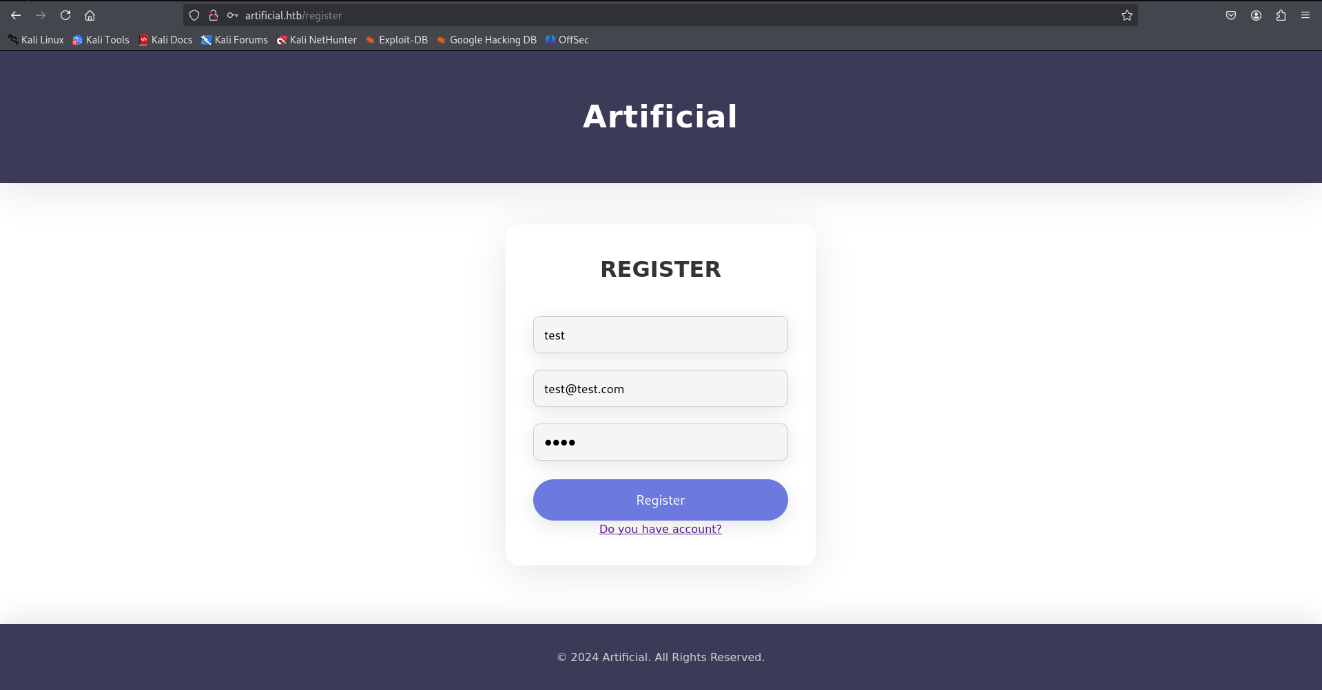 Registration Page for Artificial Platform