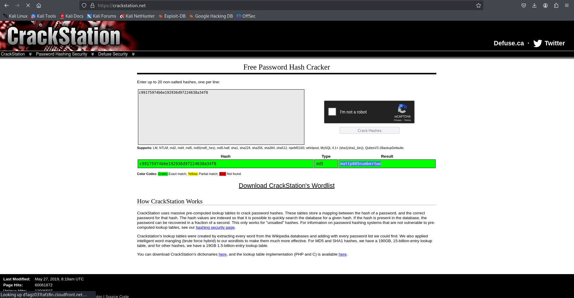 Password Hash Cracking Result
